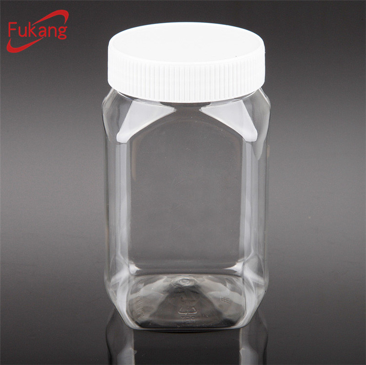 16oz Clear Square Plastic Jar Seal Jar with Screw Cap / Lid, Food Grade Airtight PET Candy Jar ODM/OEM Manufacturer