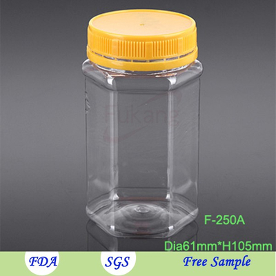 250ml hexagonal PET plastic food grade jar container packaging sweet honey with custom made printing
