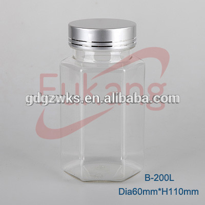 200cc Clear Hexagonal Shape PET Pill Bottle With Silver Metal Cap,Empty Hexagonal PET Plastic Medicine Bottle