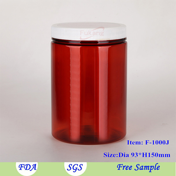 Free sample 1liter round shape and wide mouth PET plastic candy jar or container with metal cap and screw cap