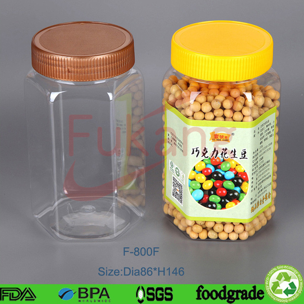 800cc 800ml jars hexagon shaped PET food plastic bottle/jar with lid Dongguan produce